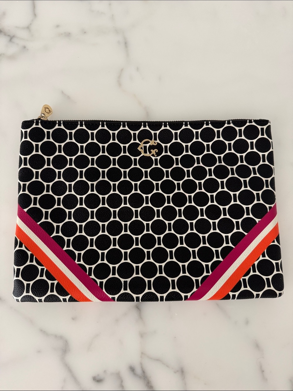 I-Pad Case Clutch Black and White Dot Pouch with Pink and Orange Stripe Accent